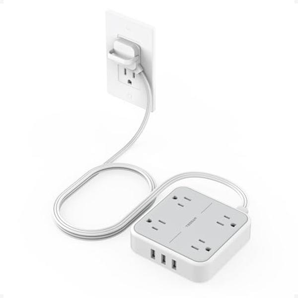 Flat Plug Surge Protector Power Strip, TESSAN 5 ft Extension Cord with 4 Outlets and 3 USB Ports, Indoor Desk Charging Station, 900J Surge Protector for Travel, Office, School, Dor