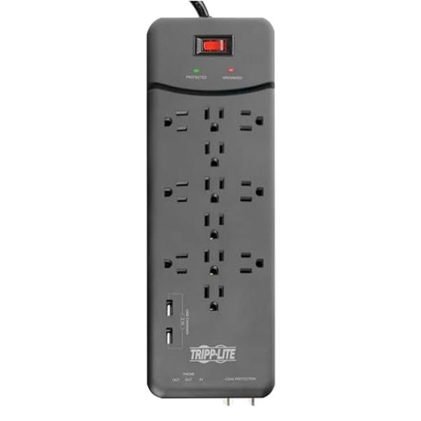 Tripp Lite TLP128TTUSBB 12 Outlet Surge Protector Power Strip, 2 USB Charging Ports, Tel/Modem/Coax Protection, 8ft Cord Right Angle Plug, Black, Lifetime Insurance & $150K Insuran