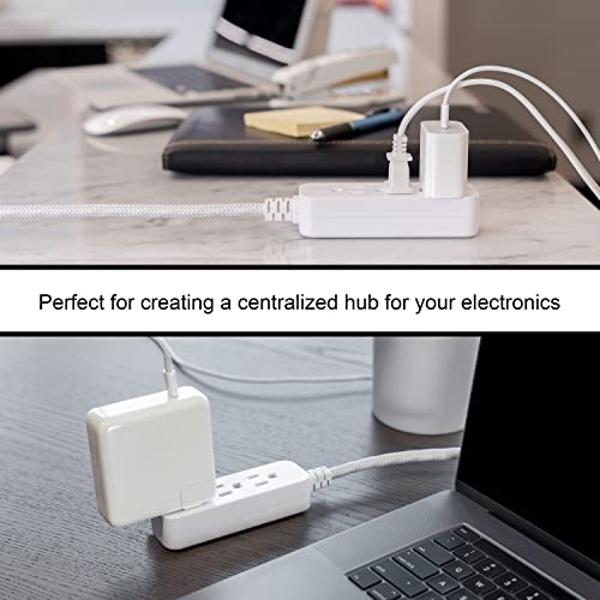 GE 3-Outlet Power Strip Surge Protector 8 Ft Braided Long Cord Extension Cord Surge Protector Power Strip Flat Plug Extension Cord 250 Joules ETL Listed White 38433