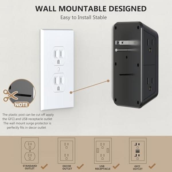 Outlet Extender Surge Protector - 6 Outlet Splitter with 4 USB Ports (2 USB C), Multiple Plug Expander Wall Charger, 3 Sided Multi Plug Wall Adapter Power Strip for Home Office Kit