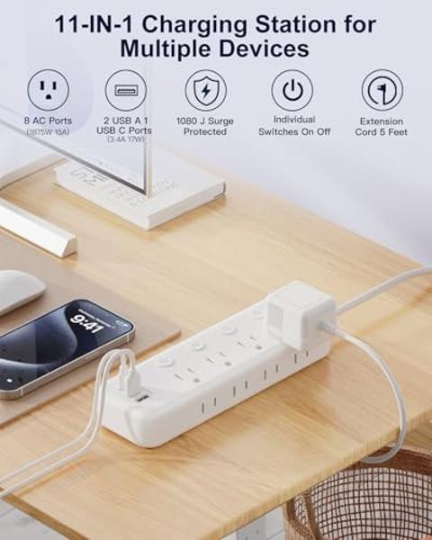 Appliance Extension Cord with Individual Switches on Off - 5 FT, 14 Gauge Heavy Duty Extension Cord with USB Ports, 8 outlets, High Wattage for Microwave, Workbench, Kitchen, Garag