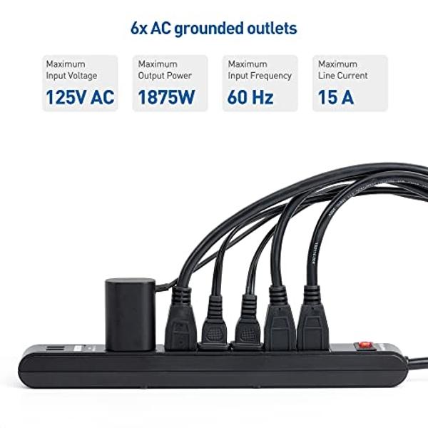 Flat Plug Power Strip Surge Protector, 5ft Ultra Thin Extension Cord with 4 USB Wall Charger(2 USB C Port), 6 Widely-Spaced Outlets Power Strip Compact for Travel, Office, Dorm Roo