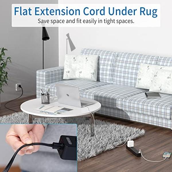 Flat Extension Cord 15 Ft, NTONPOWER Ultra Thin Flat Extension Cord Under Carpet, Rug, Door, Wall Mount Power Strip Flat Plug with 4 Outlets 3 USB, Overload Protection for Indoor H