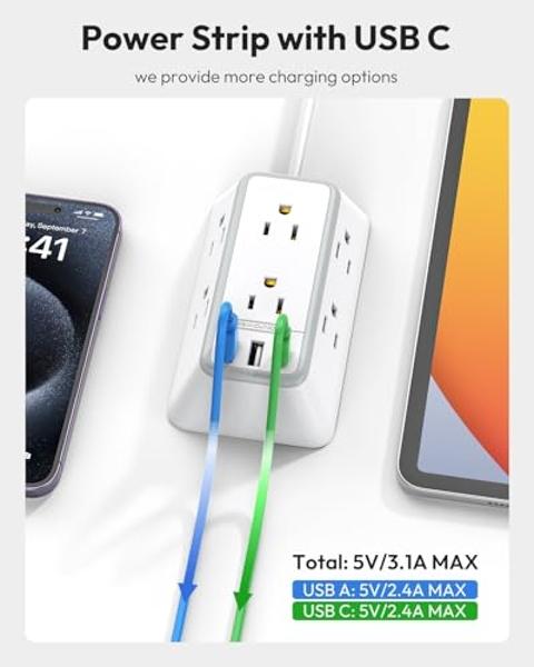NTONPOWER 10 Feet Indoor Extension Cord Flat Plug 3 Prong Power Strips with Surge Protection, Mountable Power Strip with USB, Surge Protector Long Extension Cord with USB C for Hom