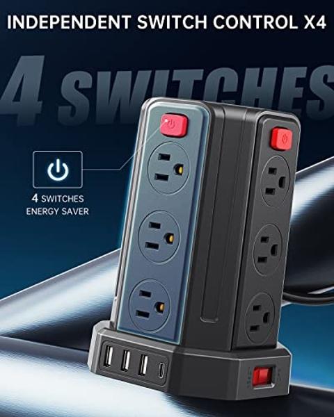 Power Strip Surge Protector, 10 Ft Extension Cord with 12 AC Multiple Outlets 4 USB (1 USB C), SMALLRT Power Tower Desktop Charging Station (Black, 10 FT)