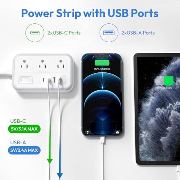Flat Plug Extension Cord 25 ft, Surge Protector Power Strip, Outlet Extender with 6 Outlets 4 USB Ports, 1080 J, Overload Protection, Extension Cord with Multiple Outlets for Indoo