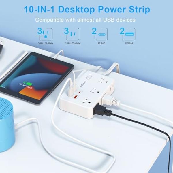 Flat Plug Power Strip Surge Protector, 5ft Ultra Thin Extension Cord with 4 USB Wall Charger(2 USB C Port), 6 Widely-Spaced Outlets Power Strip Compact for Travel, Office, Dorm Roo