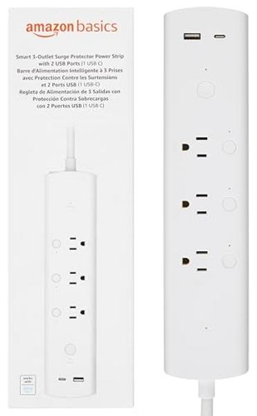 Amazon Basics Smart Plug Power Strip with 3 Individually Controlled Outlets and 2 USB Ports (1 USB-A and 1 USB-C), Works with Alexa Only, 2.4 GHz Wi-Fi, No Hub Required, White