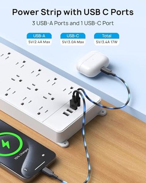 Flat Plug Extension Cord 25 ft, Surge Protector Power Strip, Outlet Extender with 6 Outlets 4 USB Ports, 1080 J, Overload Protection, Extension Cord with Multiple Outlets for Indoo