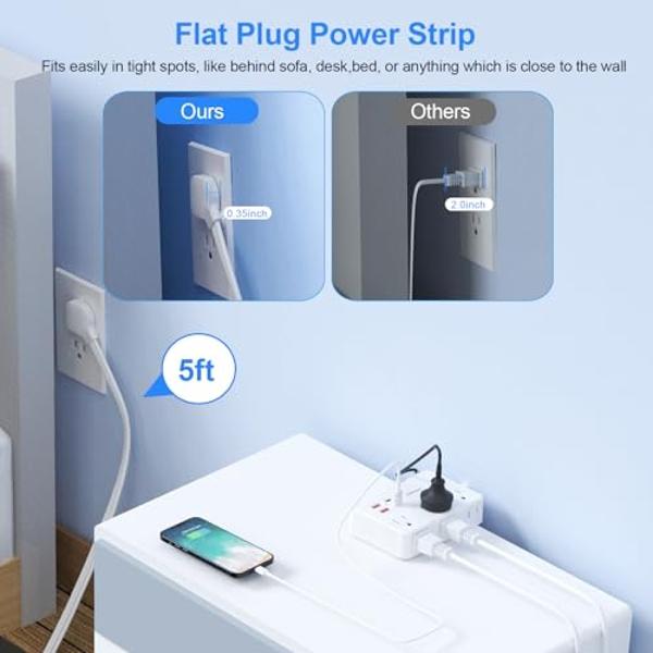 Flat Plug Power Strip Surge Protector, 5ft Ultra Thin Extension Cord with 4 USB Wall Charger(2 USB C Port), 6 Widely-Spaced Outlets Power Strip Compact for Travel, Office, Dorm Roo