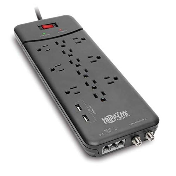 Tripp Lite TLP128TTUSBB 12 Outlet Surge Protector Power Strip, 2 USB Charging Ports, Tel/Modem/Coax Protection, 8ft Cord Right Angle Plug, Black, Lifetime Insurance & $150K Insuran