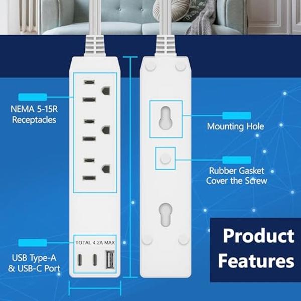 Amazon Basics Smart Plug Power Strip with 3 Individually Controlled Outlets and 2 USB Ports (1 USB-A and 1 USB-C), Works with Alexa Only, 2.4 GHz Wi-Fi, No Hub Required, White