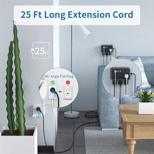 2 Pack Power Strip Surge Protector - 6 Outlets 2 USB Ports 5Ft Long Extension Cords, Flat Plug Overload Protection Outlet Strip, 900 Joules, Wall Mount for Home, Office and Dorm Es
