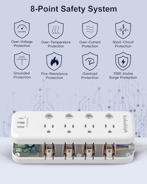 Appliance Extension Cord with Individual Switches on Off - 5 FT, 14 Gauge Heavy Duty Extension Cord with USB Ports, 8 outlets, High Wattage for Microwave, Workbench, Kitchen, Garag