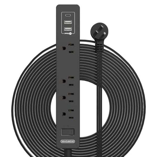 Flat Extension Cord 15 Ft, NTONPOWER Ultra Thin Flat Extension Cord Under Carpet, Rug, Door, Wall Mount Power Strip Flat Plug with 4 Outlets 3 USB, Overload Protection for Indoor H