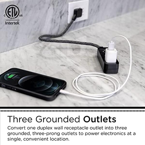 Cordinate Designer Mini 3-Outlet Power Strip, 18 in Braided Extension Cord, Grounded Adapter, Low-Profile Flat Plug, ETL Listed, Black/Dark Heather, 47298