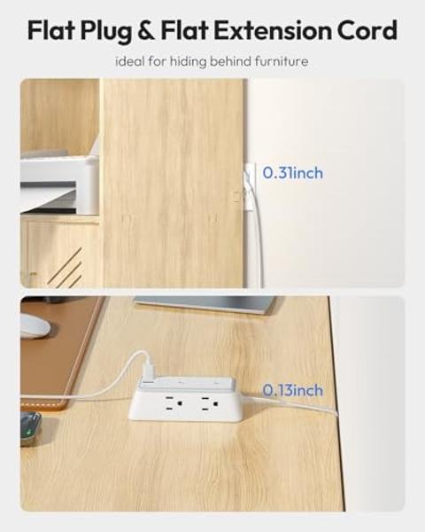 NTONPOWER 10 Feet Indoor Extension Cord Flat Plug 3 Prong Power Strips with Surge Protection, Mountable Power Strip with USB, Surge Protector Long Extension Cord with USB C for Hom
