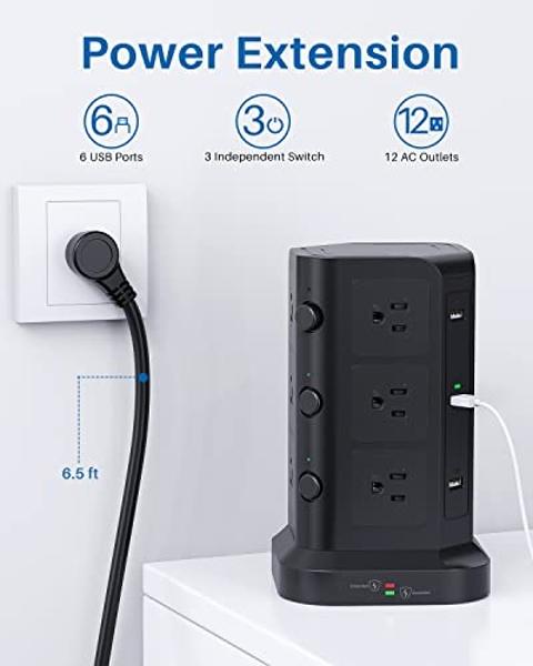 Power Strip Surge Protector, 10 Ft Extension Cord with 12 AC Multiple Outlets 4 USB (1 USB C), SMALLRT Power Tower Desktop Charging Station (Black, 10 FT)