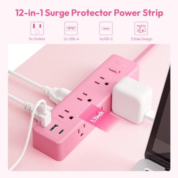 Pink Power Strip, NTONPOWER Surge Protector Power Strip 5FT Flat Extension Cord, 9 Outlets 3 USB Ports(1 USB C), Wall Mount, 1080J, Multiple Outlets for Home Office, Vanity Desk, N