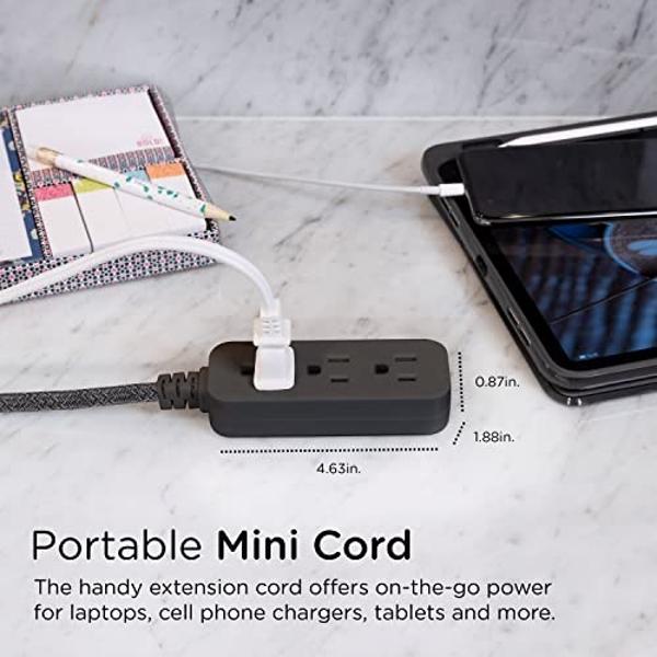 Cordinate Designer Mini 3-Outlet Power Strip, 18 in Braided Extension Cord, Grounded Adapter, Low-Profile Flat Plug, ETL Listed, Black/Dark Heather, 47298