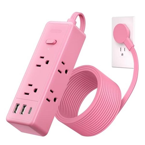 NTONPOWER Pink Extension Cord 10 ft, 1080 Joules Surge Protector Power Strip with 6 Widely Outlets 3 USB (1 USB C), Flat Plug Extension Cord Power Strip Long Cord for Home Office D