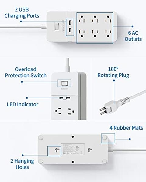 NTONPOWER 2 Prong Power Strip With 10ft Extension Cord, Flat Plug Surge Protector With 6 Outlets 2 USB Ports, 3 Prong Outlet Adapter, Wall Mount for Non-Grounded Plug, Ideal for Ol