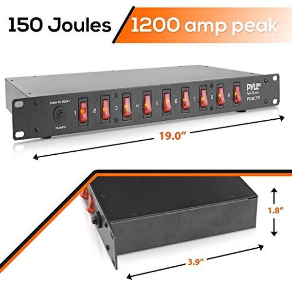 Pyle 15 Amp Power Supply Control Unit - 9 Outlet Rack Mount Power Strip with AC Noise Filter - 1U Steel Chassis - 6ft Cord - Surge Protection for Equipment Control - PDBC70