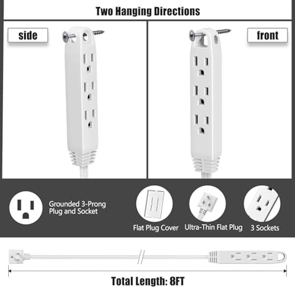 CABOCASA 8FT Ultra Flat Plug Extension Cord Power Strip with 3 Outlets, Patented Detachable Ultra-Thin Outlet Cover Concealer & Ultra-Flat Plug, Max. 13A 125V 1625W ETL Listed, Whi