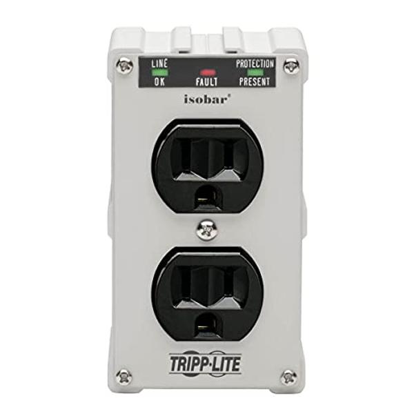 Tripp Lite Isobar ISOBLOK2-0 Heavy Duty Outlet Extender, Wall Power Strip Surge Protector, 2 Outlets, Direct Plug-in, White, Metal Power Strip, Industrial Garage Work Shop Bench