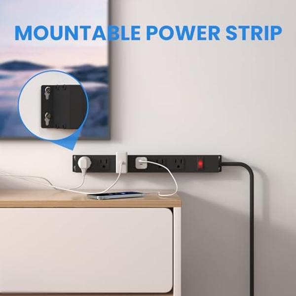 Power Strip with 6AC Outlets 6 Ft UL 14AWG Cord Straight Plug,Metal Wall Mount Heavy Duty Power Strip with Switch for Commercial,Industrial,School and Home,15A/125V/1875W,Black(6FT