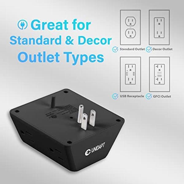Multi Plug 6 Outlet Extender, Unidapt Black Surge Protector Wall Splitter, 1800J Power Strip 3 Side Wide Spaced Adapter Multiple Charger Expander, Mountable Wall Tap for Office Hom