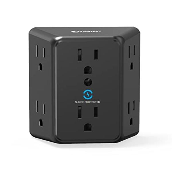 Multi Plug 6 Outlet Extender, Unidapt Black Surge Protector Wall Splitter, 1800J Power Strip 3 Side Wide Spaced Adapter Multiple Charger Expander, Mountable Wall Tap for Office Hom