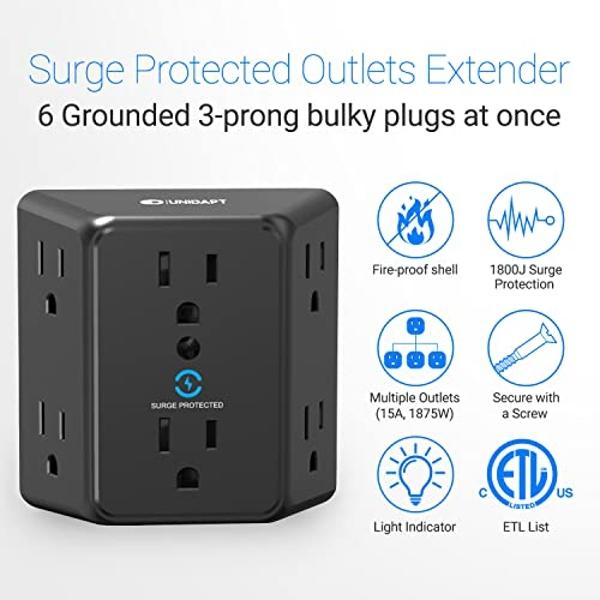 Multi Plug 6 Outlet Extender, Unidapt Black Surge Protector Wall Splitter, 1800J Power Strip 3 Side Wide Spaced Adapter Multiple Charger Expander, Mountable Wall Tap for Office Hom