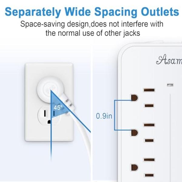 20FT Surge Protector Power Strip Extension Cord with USB C, Asamoom Flat Plug Power Strip with Long Cord, 8 Outlets and 3 USB-A & 1 USB-C Port,1700J for Wall Mount Desk White