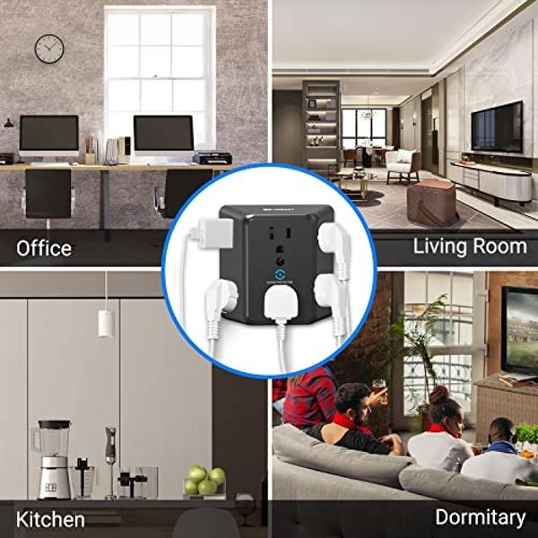 Multi Plug 6 Outlet Extender, Unidapt Black Surge Protector Wall Splitter, 1800J Power Strip 3 Side Wide Spaced Adapter Multiple Charger Expander, Mountable Wall Tap for Office Hom