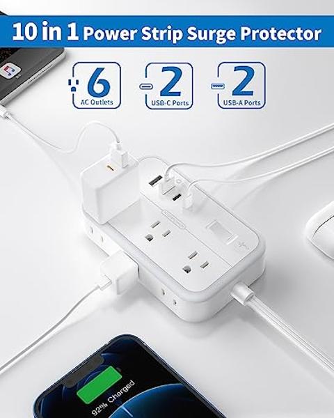 Surge Protector Power Strip with 6 Outlets 4 USB Ports(2USB C), Flat Extension Cord with Multiple Outlets, 1080 Joules, 5 ft Flat Plug Outlet Extender for Indoor, Office Supplies, 