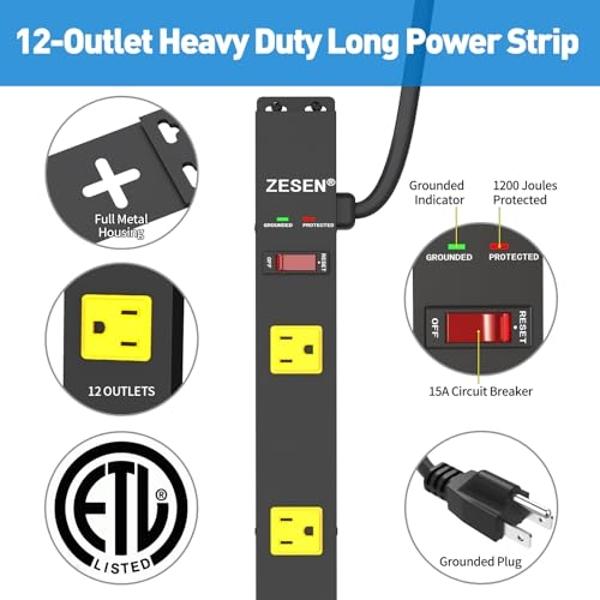NTONPOWER 10 Feet Indoor Extension Cord Flat Plug 3 Prong Power Strips with Surge Protection, Mountable Power Strip with USB, Surge Protector Long Extension Cord with USB C for Hom