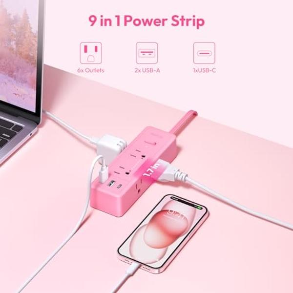 NTONPOWER Pink Extension Cord 10 ft, 1080 Joules Surge Protector Power Strip with 6 Widely Outlets 3 USB (1 USB C), Flat Plug Extension Cord Power Strip Long Cord for Home Office D