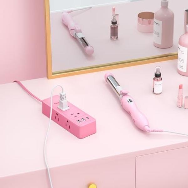 NTONPOWER Pink Extension Cord 10 ft, 1080 Joules Surge Protector Power Strip with 6 Widely Outlets 3 USB (1 USB C), Flat Plug Extension Cord Power Strip Long Cord for Home Office D