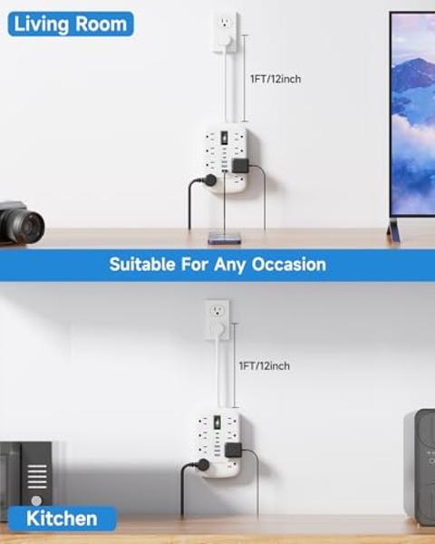 Short Extension Cord 1 ft, Small Power Strip Flat Outlet Extender Surge Protector with 8 AC Outlets 6 USB (5V/4.8A 24W), Mini Extension Cord Flat Wall Plug for Home Office Dorm Kit