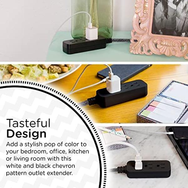 Cordinate Designer Mini 3-Outlet Power Strip, 18 in Braided Extension Cord, Grounded Adapter, Low-Profile Flat Plug, ETL Listed, Black/Dark Heather, 47298