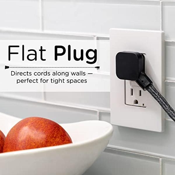 Cordinate Designer Mini 3-Outlet Power Strip, 18 in Braided Extension Cord, Grounded Adapter, Low-Profile Flat Plug, ETL Listed, Black/Dark Heather, 47298