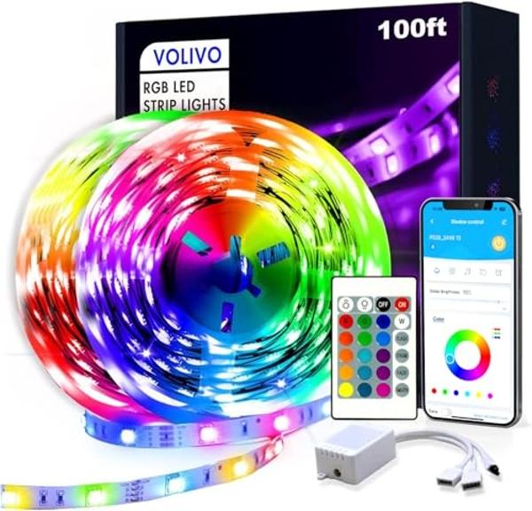VOLIVO 100ft RGB Led Strip Lights, Color Changing Led Light Strips Kit with 24 Keys IR Remote Control, Music Sync Lighting for Bedroom, Room, Home