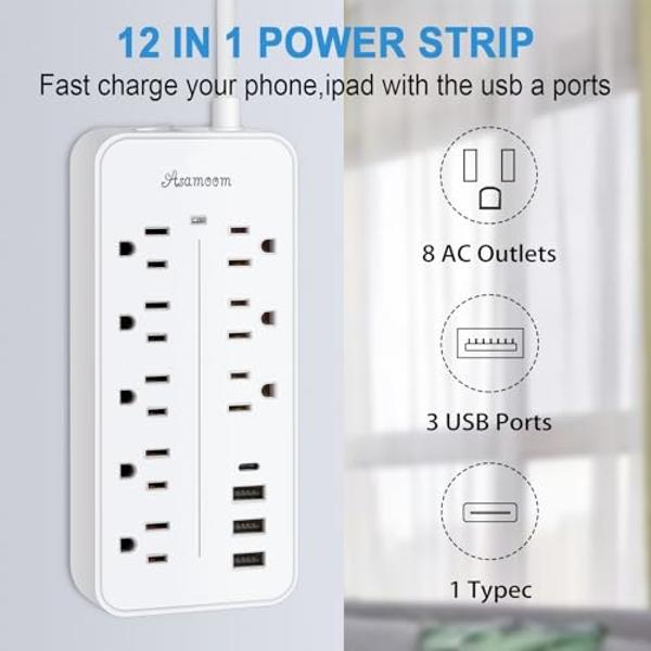 20FT Surge Protector Power Strip Extension Cord with USB C, Asamoom Flat Plug Power Strip with Long Cord, 8 Outlets and 3 USB-A & 1 USB-C Port,1700J for Wall Mount Desk White