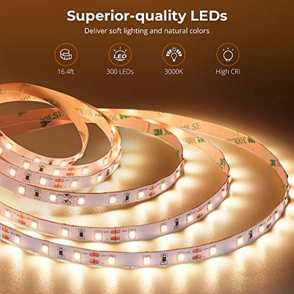 Govee Warm White LED Strip Lights, Bright 300 LEDs, 3000K Dimmable Light Strip 16.4ft with Control Box, LED Lights for Bedroom, Kitchen Cabinets, Living Room, ETL Listed Adapter In