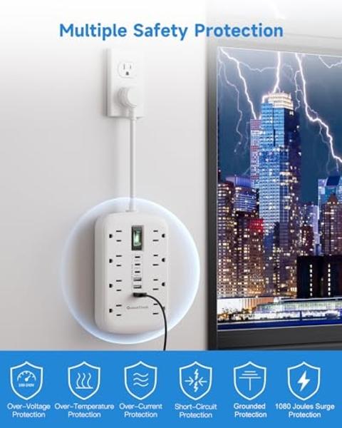 Short Extension Cord 1 ft, Small Power Strip Flat Outlet Extender Surge Protector with 8 AC Outlets 6 USB (5V/4.8A 24W), Mini Extension Cord Flat Wall Plug for Home Office Dorm Kit