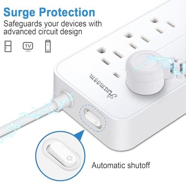 20FT Surge Protector Power Strip Extension Cord with USB C, Asamoom Flat Plug Power Strip with Long Cord, 8 Outlets and 3 USB-A & 1 USB-C Port,1700J for Wall Mount Desk White