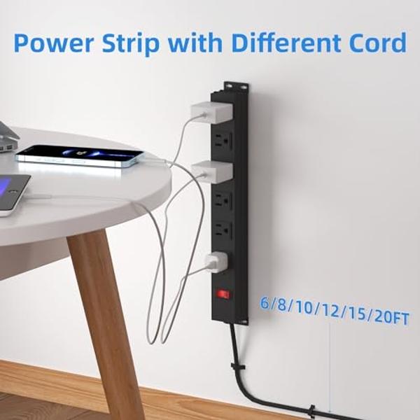 Power Strip with 6AC Outlets 6 Ft UL 14AWG Cord Straight Plug,Metal Wall Mount Heavy Duty Power Strip with Switch for Commercial,Industrial,School and Home,15A/125V/1875W,Black(6FT