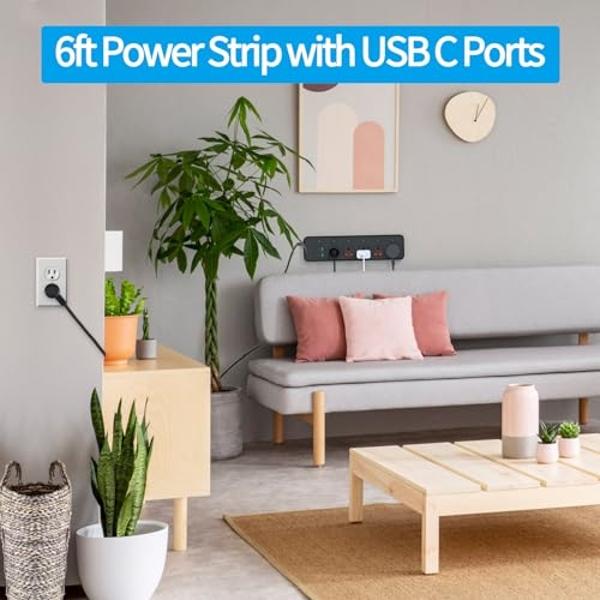 Flat Plug Power Strip with Individual Swtich, Jumpso 6ft Universal Extension Cord with 5 Outlets and 2 USB 4 USB C Ports, Max 3000w, 110-240v, Multiple Outlets Plug Adapter for Off
