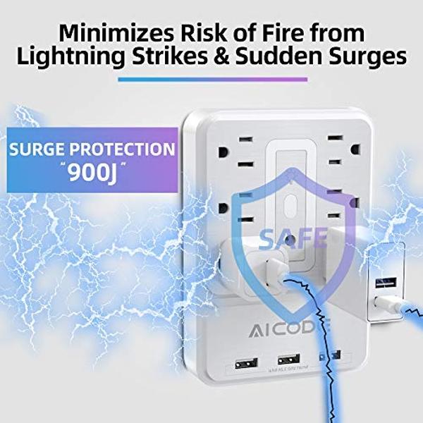 AICODE Multi Plug Outlet Extender, 6 Outlet Surge Polycarbonate Wall Protector with 3 USB Charger(3.2A Total),Plug Electrical Outlet with 6 Ambient RGB Light, Plug Extender for Hom